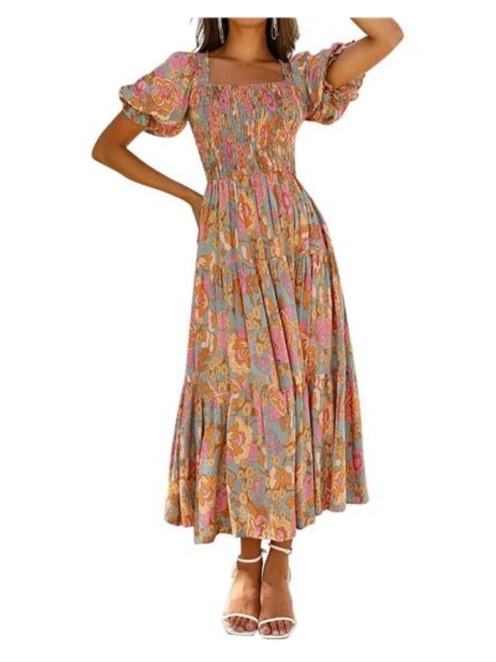 Smocked Square-Neck Floral Maxi Dress - Pink Multi